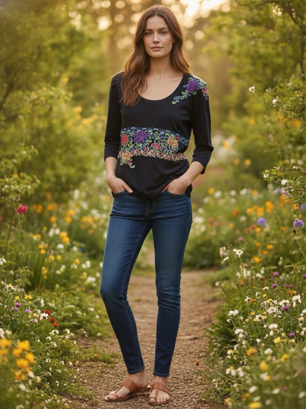 JWLA - JONNY WAS Black Long Sleeve Knit Top with Colorful Embroidery 
Size Large